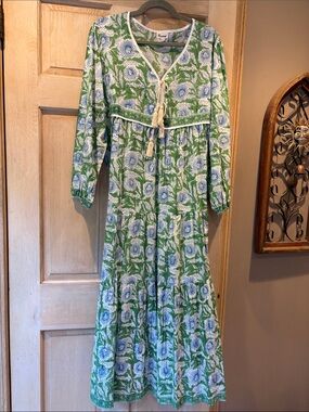 Karni Green and Blue Floral Maxi Dress with Tassel Tie 2X (runs small)